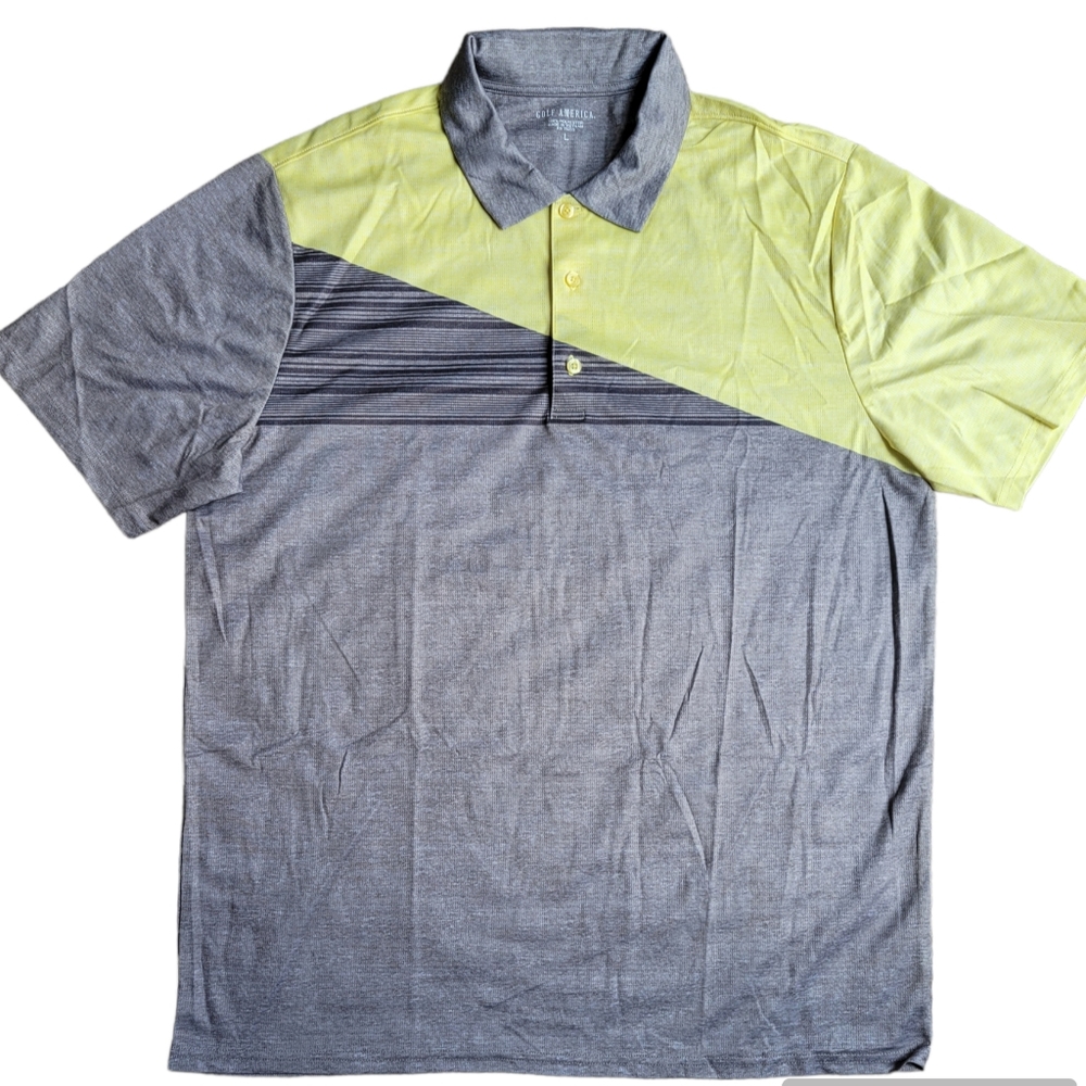 Golf America Men's Polo EUC size large Polyester gray & yellow
